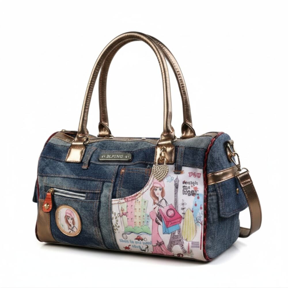 H.PING Denim Embroidered Handbag Crossbody Blue City Chic Coastal Resort Unique
